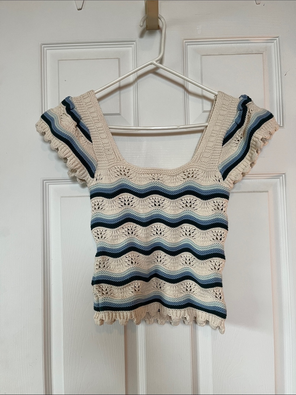 Jessica Simpson Crochet Stripe Knit Top in Cream and Blue